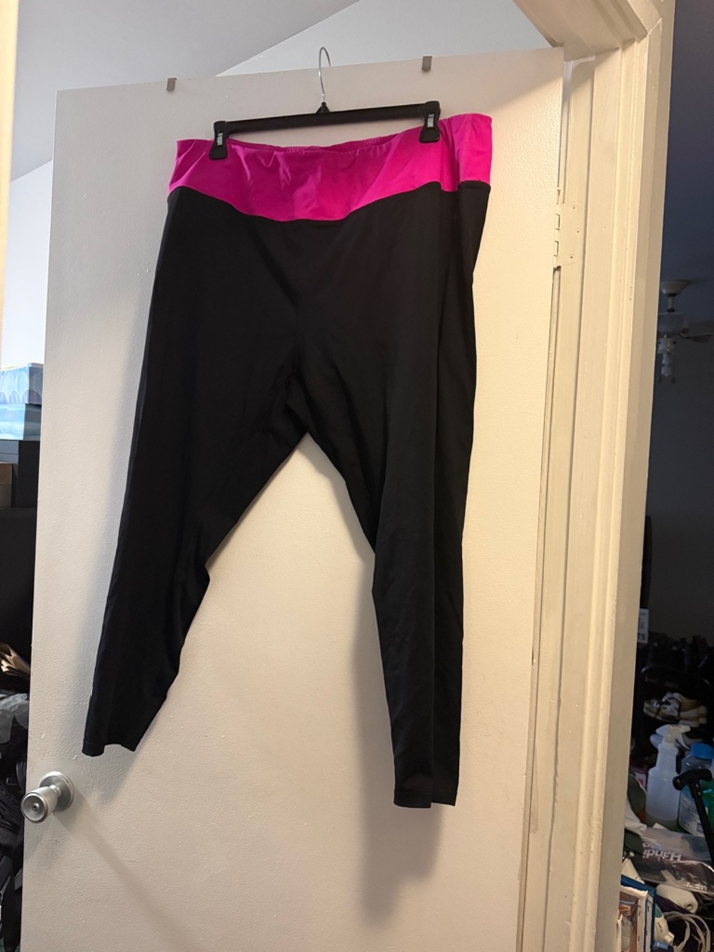 Black Leggings with Pink Waistband - Bottoms
